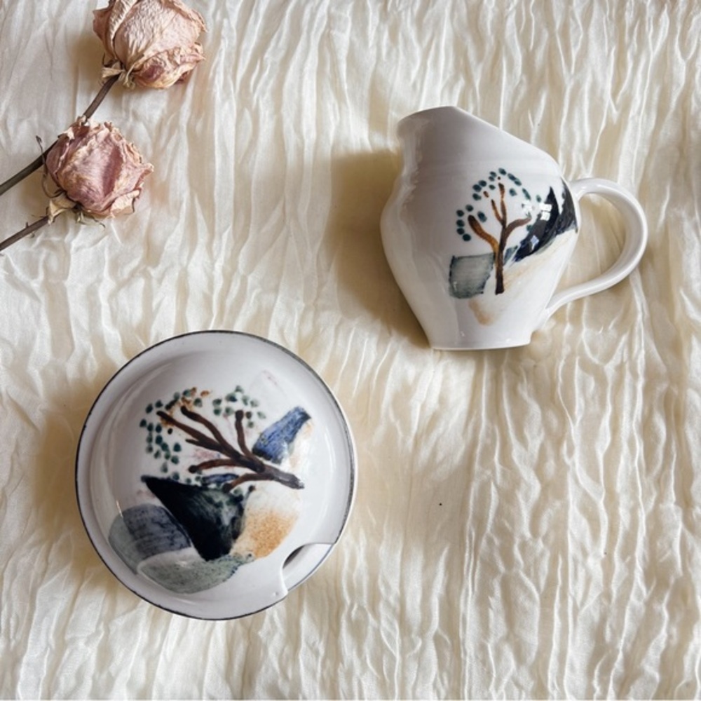 Vintage Hand Turned Creamer & Sugar Bowl Pottery Set